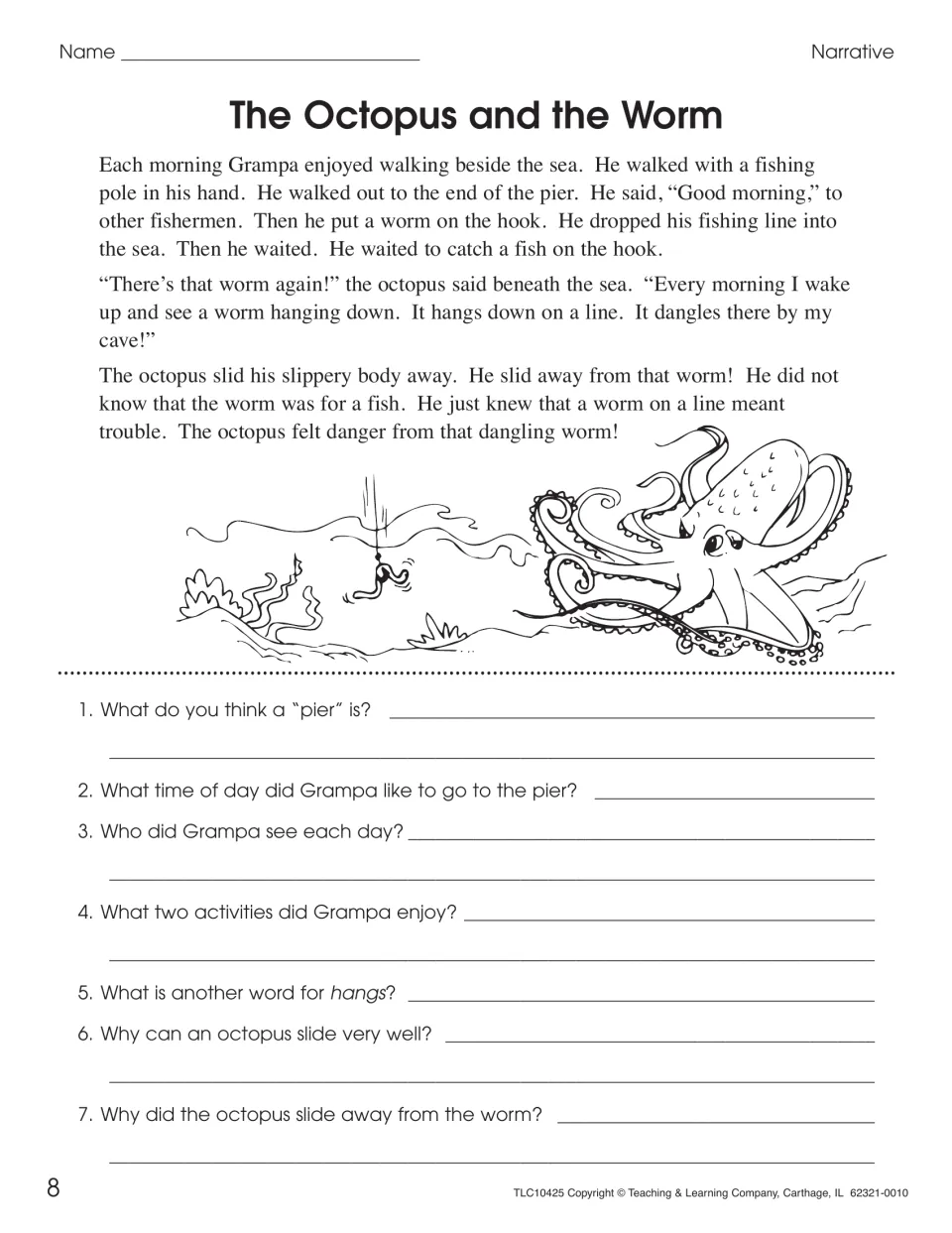 The Octopus and the Worm narrative: students recall Grampa's fishing trip, define pier and explain why the octopus fled