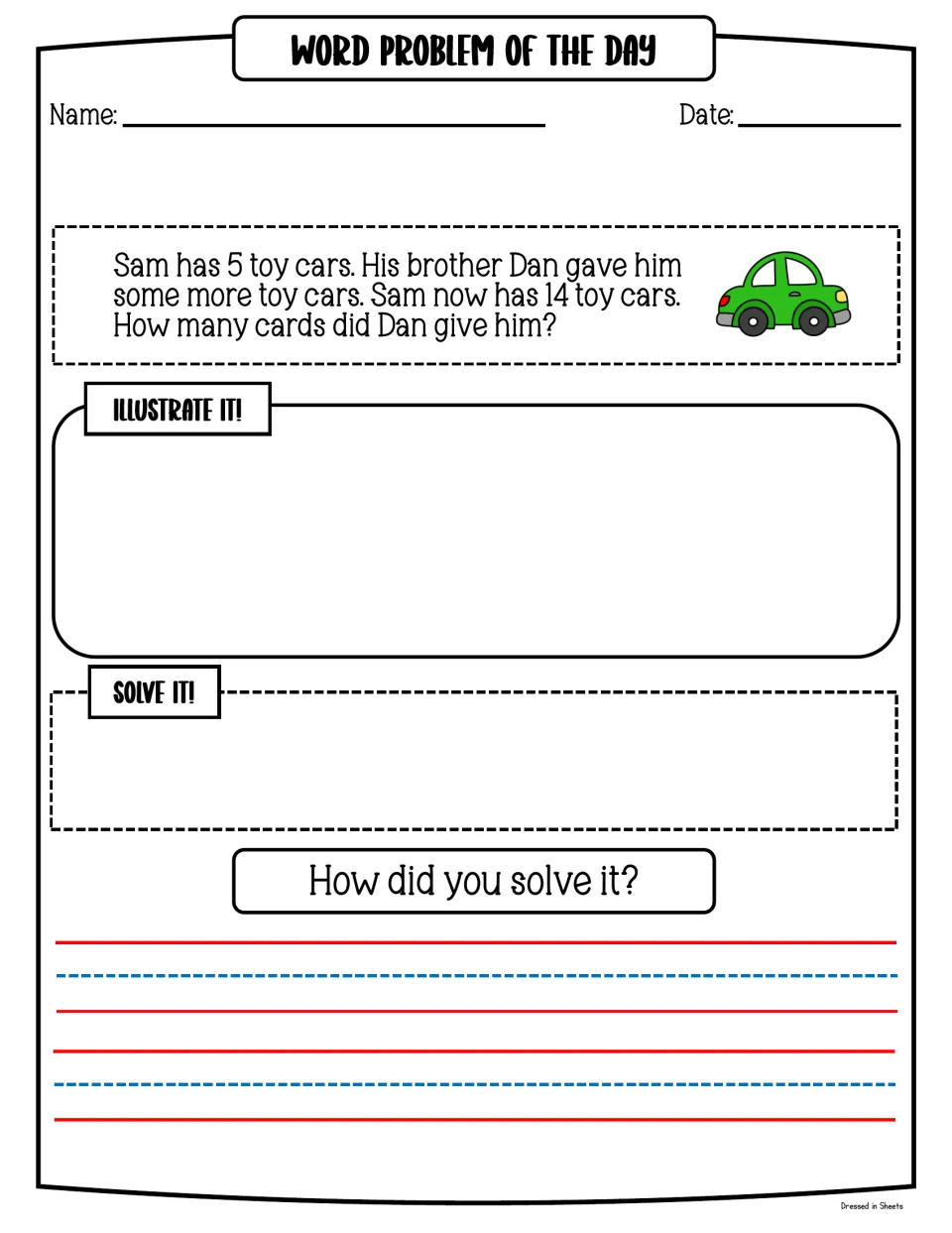 Missing addend word problem: Sam has 5 toy cars, now has 14; students illustrate, solve and explain how many Dan gave