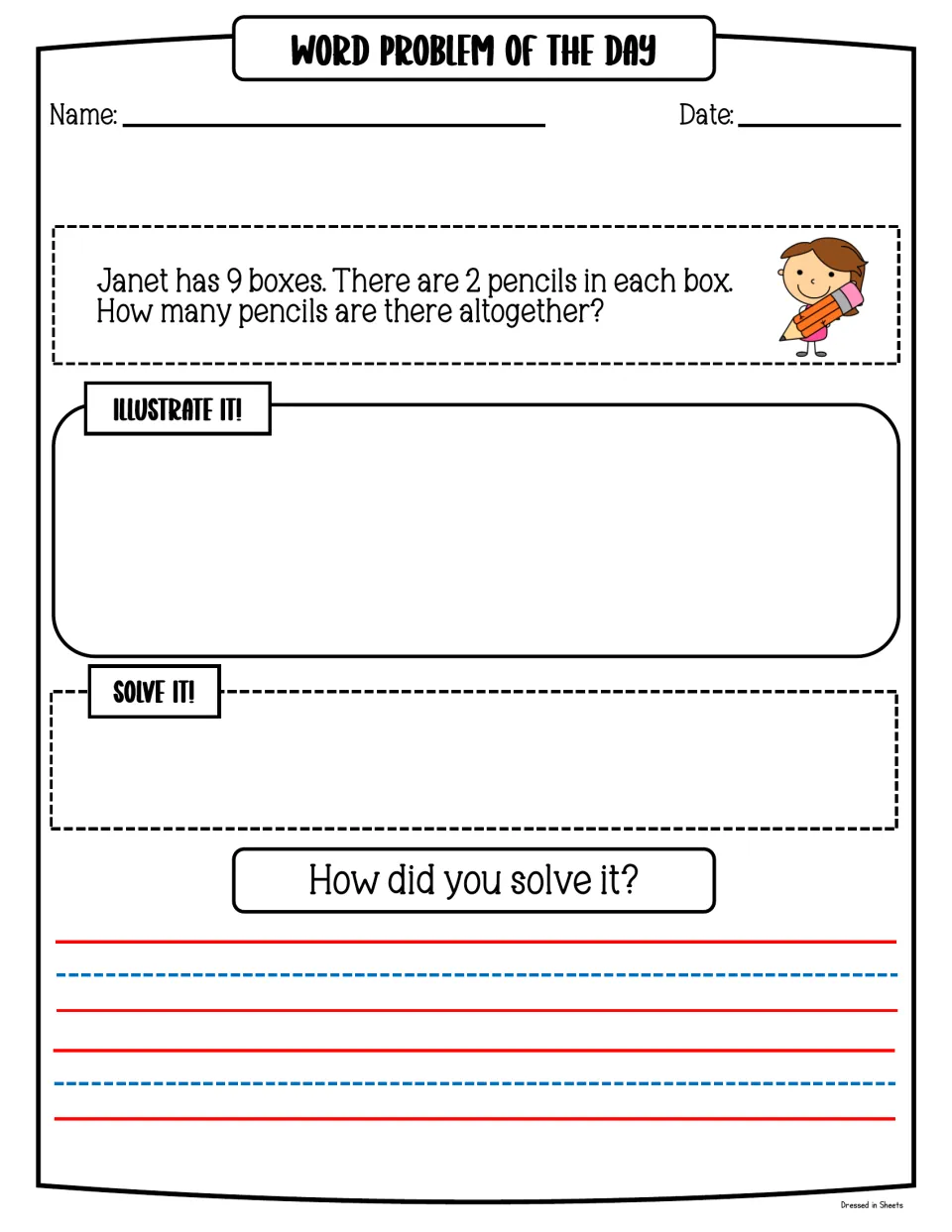 Equal groups word problem: 9 boxes with 2 pencils in each; students draw it, solve and explain how many pencils in all