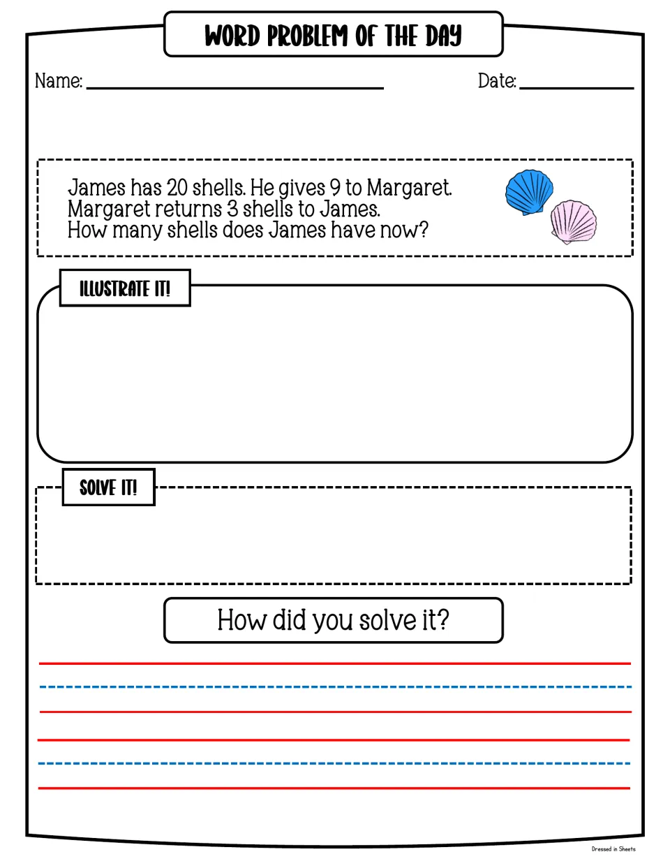 Two-step word problem: James has 20 shells, gives away 9 and gets 3 back; students draw, solve and explain his total