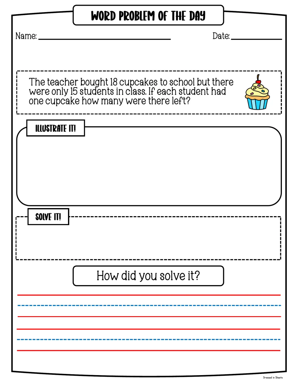 Subtraction word problem: 18 cupcakes for 15 students; students illustrate, solve and explain how many cupcakes are left