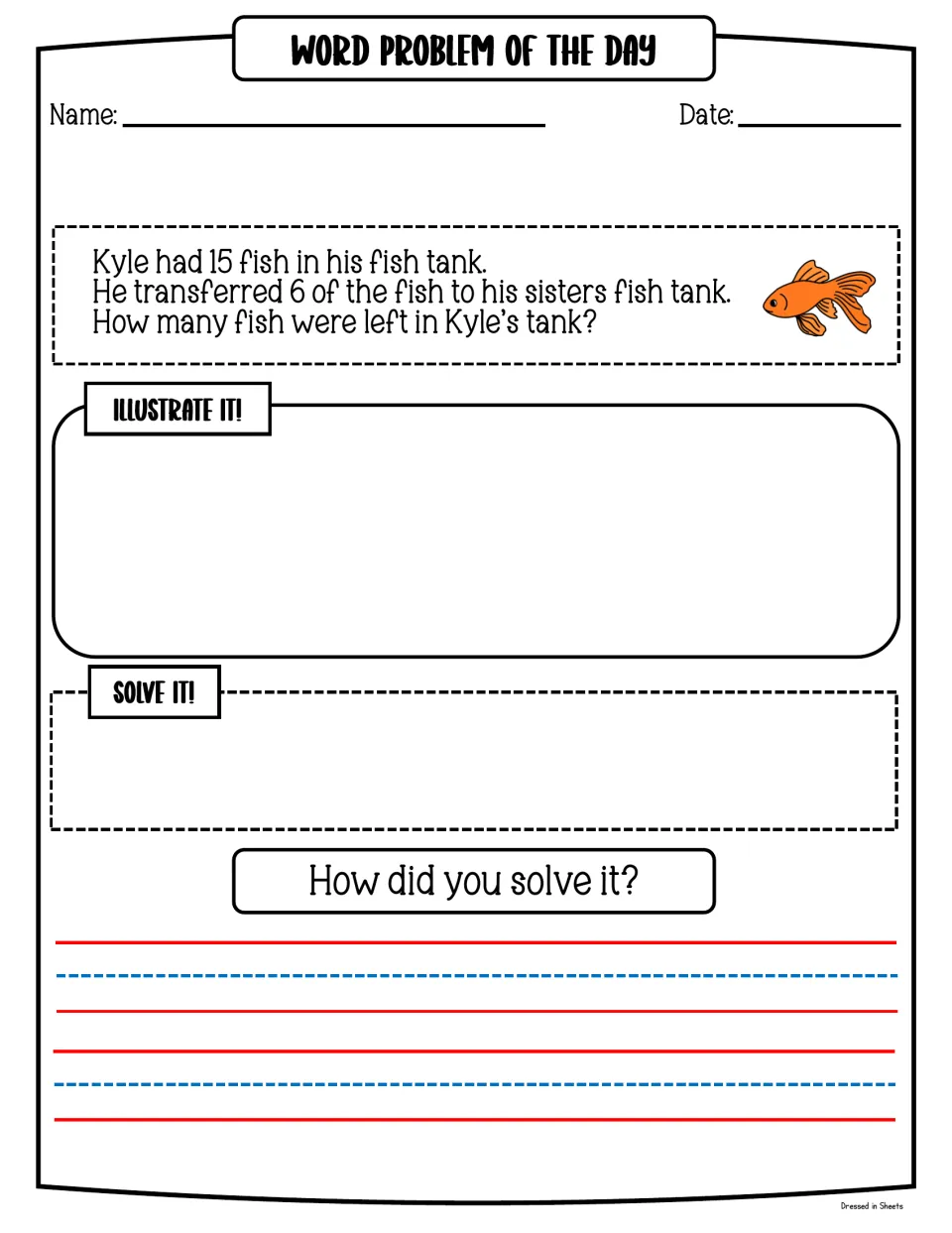 Take-away word problem: Kyle moves 6 of his 15 fish to his sister's tank; students draw, solve and explain how many remain