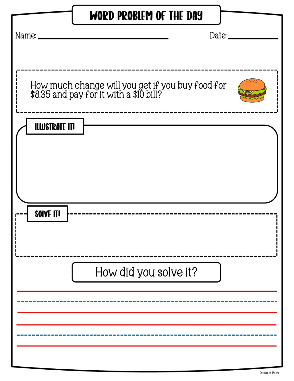 Money word problem: finding the change from a $10 bill for food costing $8.35; students illustrate, solve and explain