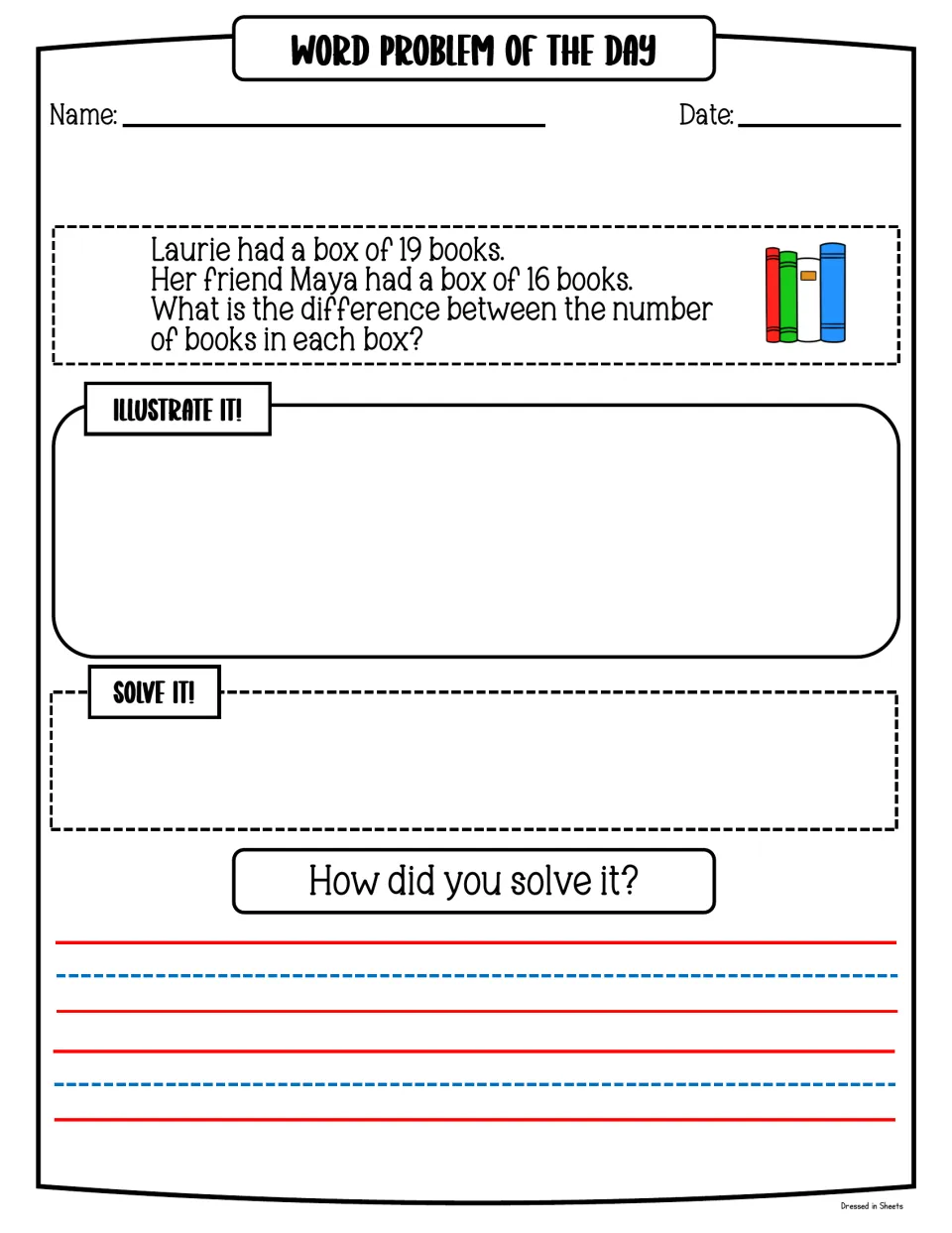 Comparison word problem: Laurie's 19 books vs Maya's 16; students illustrate, solve and explain the difference