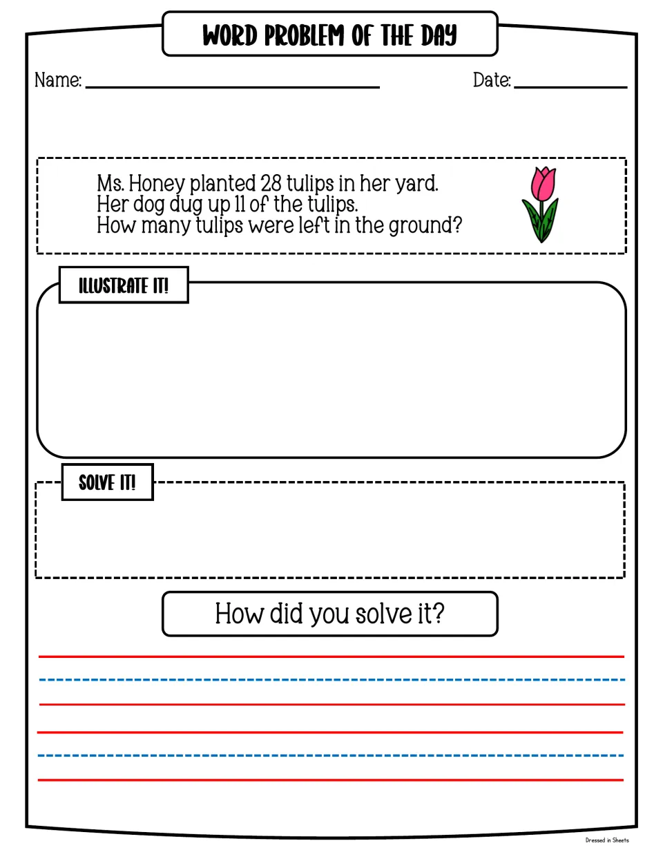 Subtraction word problem: Ms. Honey plants 28 tulips and her dog digs up 11; students draw, solve and explain what is left