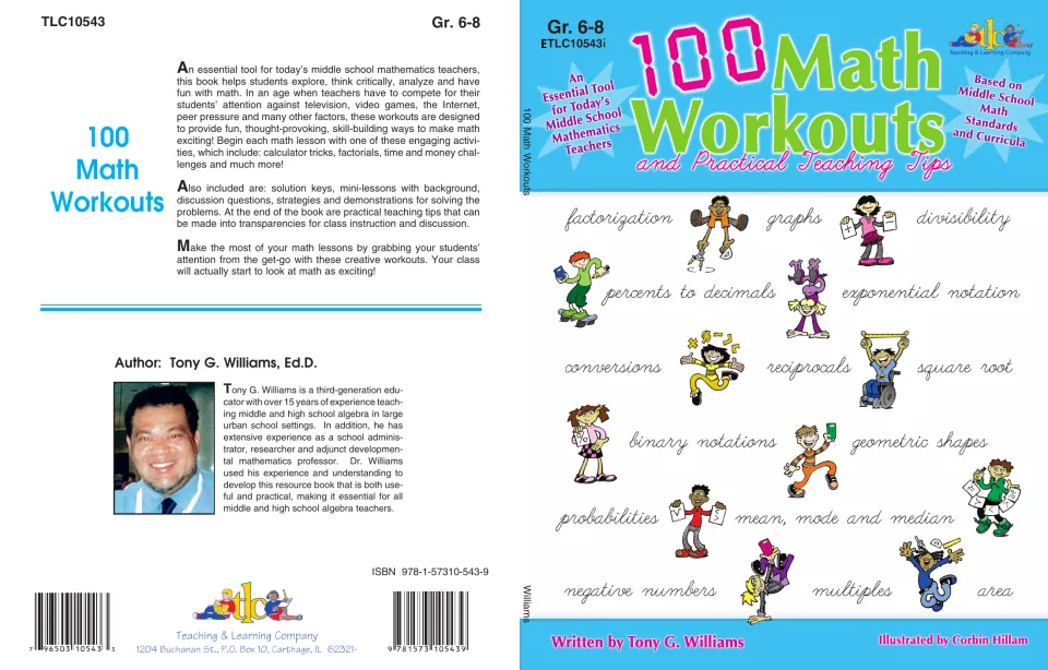 Cover: 100 Math Workouts and Practical Teaching Tips, Gr. 6-8, with topics from factorization to area and cartoon kids