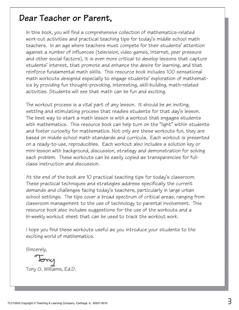 Dear Teacher or Parent letter from the author explaining the daily math workouts, solution keys and 10 teaching tips