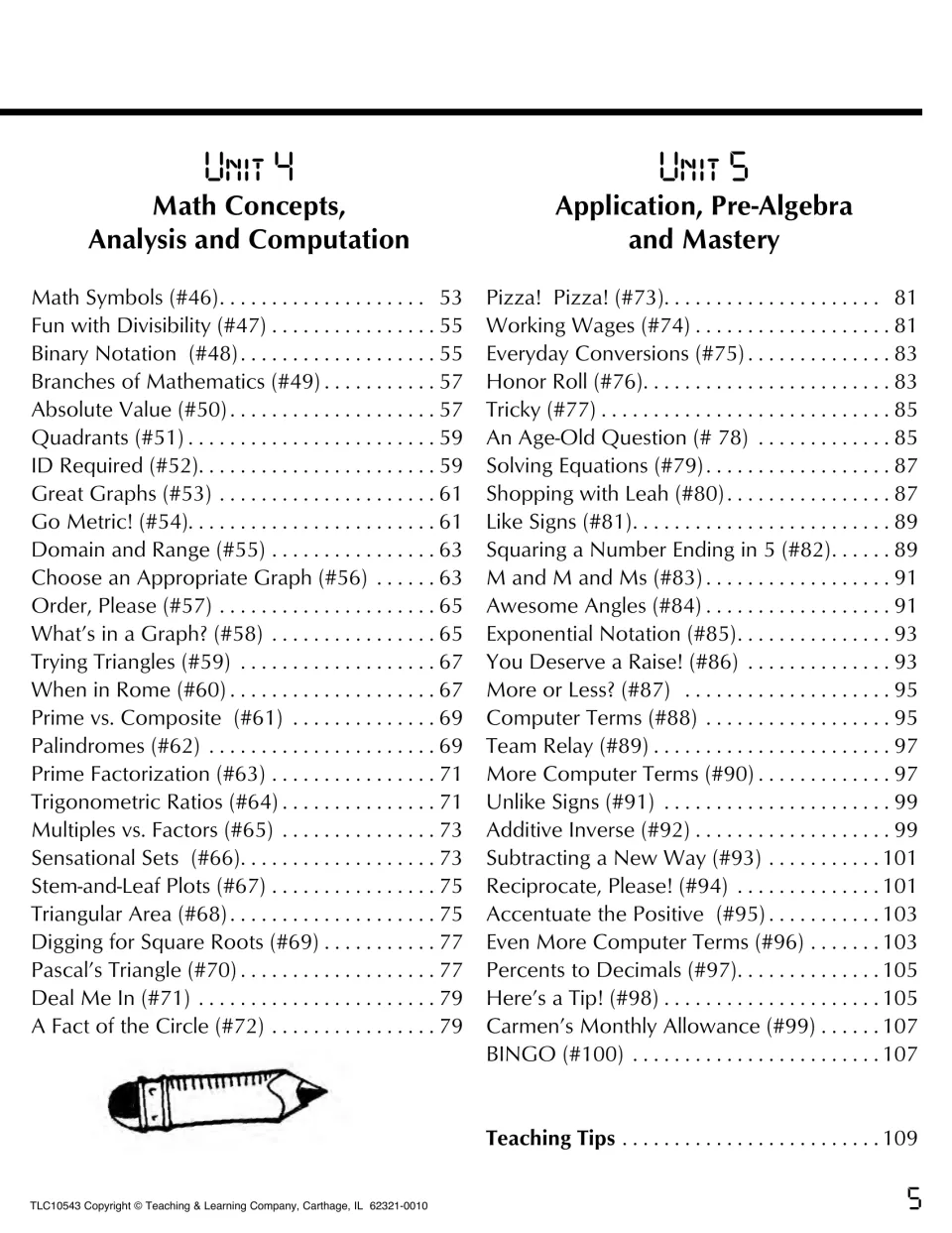 Contents for Unit 4 math concepts and computation and Unit 5 pre-algebra and mastery (#46-#100), plus Teaching Tips