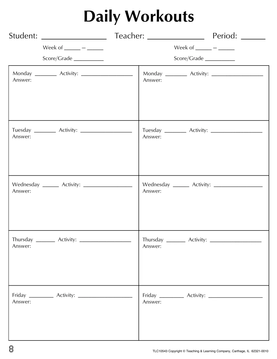 Daily Workouts recording sheet: students log the date, activity and answer for each weekday over two weeks