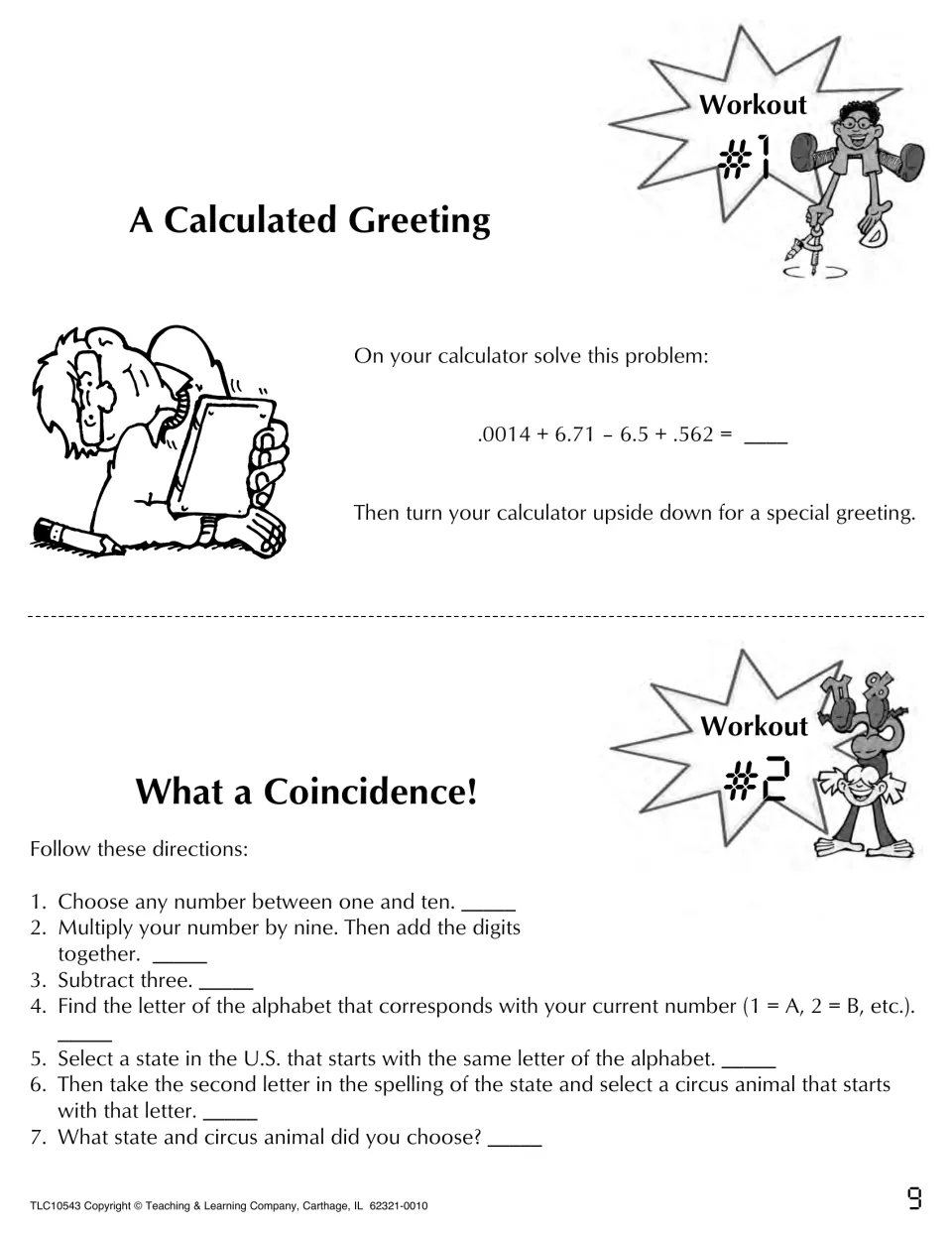 Workouts #1 and #2: a decimal sum read upside down on a calculator, then 7 number steps that lead to a state and animal