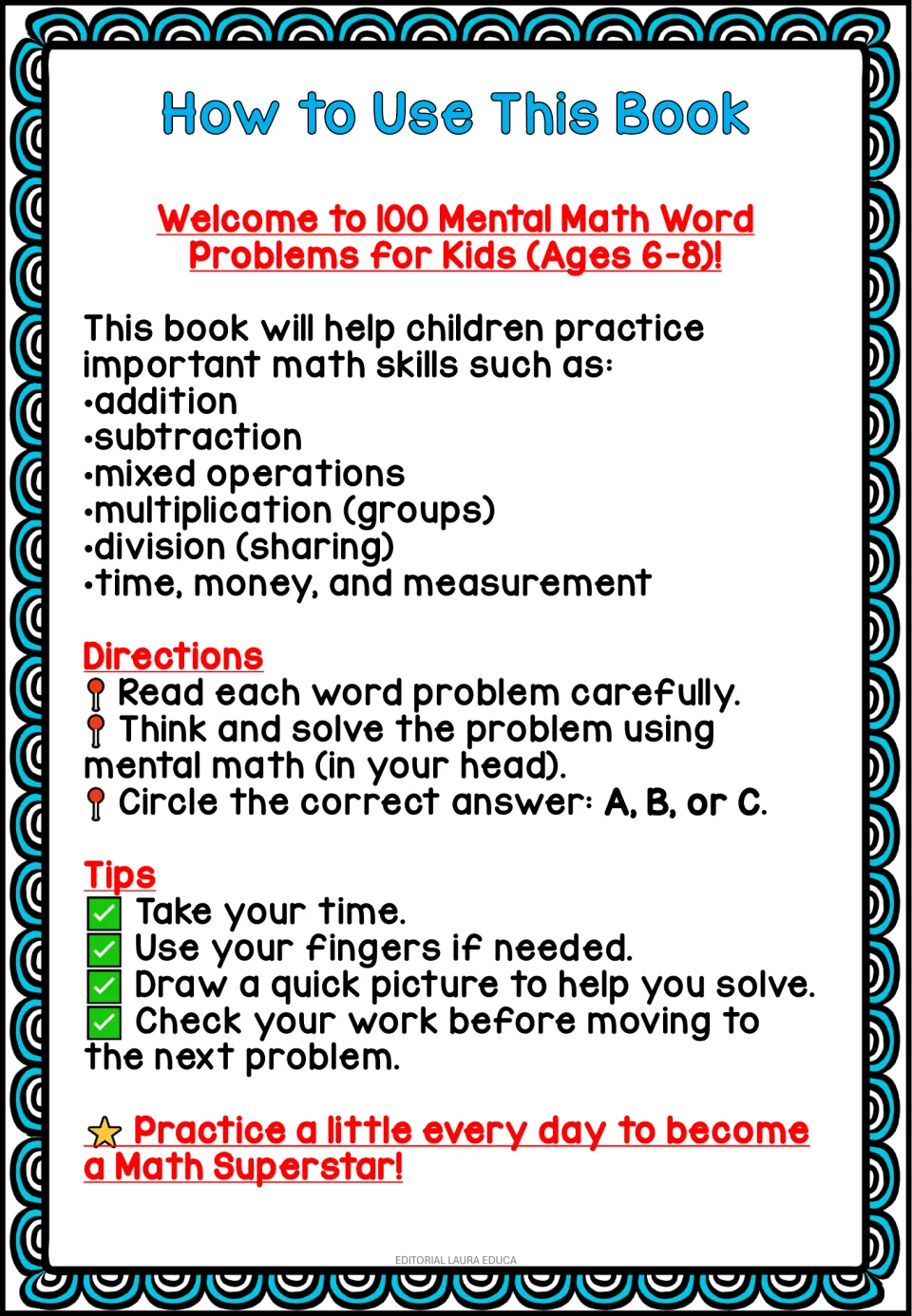 Workbook directions: read each word problem, solve using mental math, and circle the correct answer A, B, or C