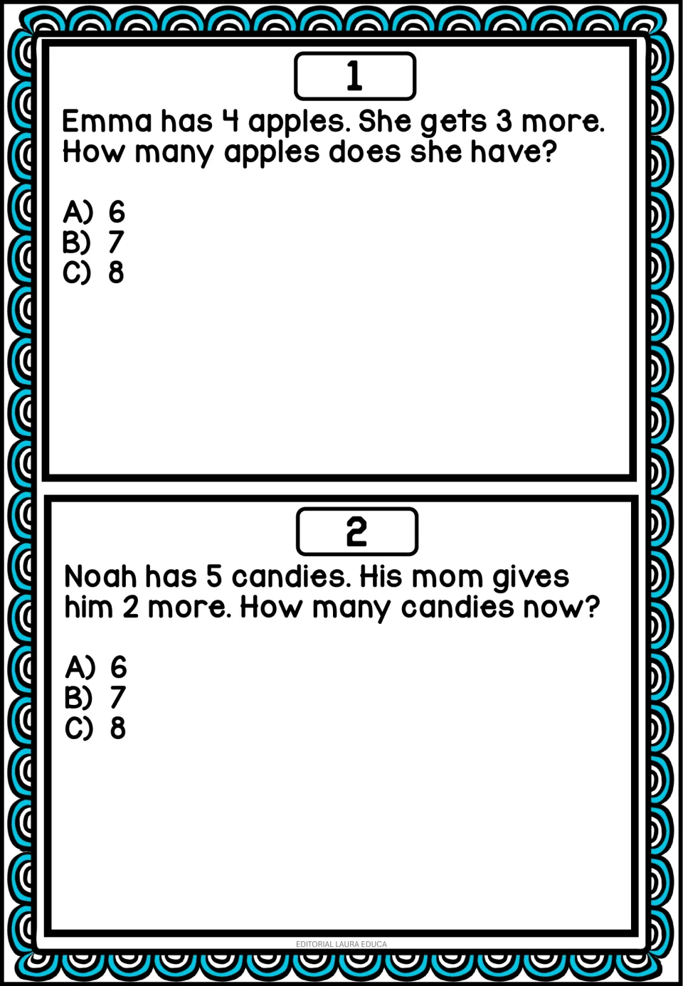Mental math problems 1–2: Emma has 4 apples and gets 3 more; Noah has 5 candies and gets 2 more, with A–C choices