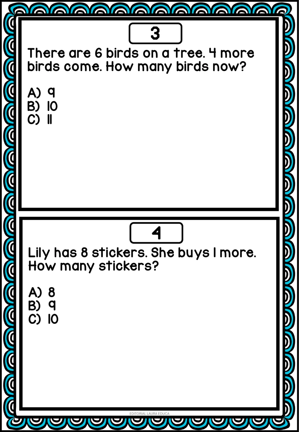 Mental math problems 3–4: 6 birds are joined by 4 more, and Lily buys 1 more sticker after having 8