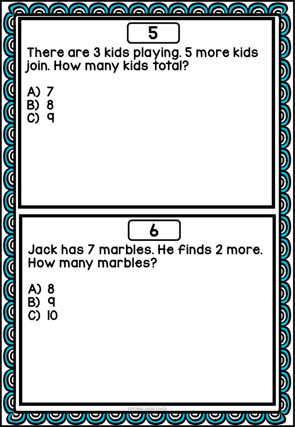 Mental math problems 5–6: 3 kids are joined by 5 more, and Jack finds 2 more marbles after having 7