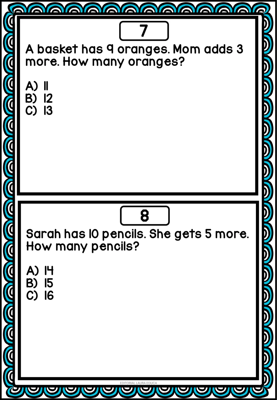 Mental math problems 7–8: Mom adds 3 oranges to a basket of 9, and Sarah gets 5 more pencils after having 10