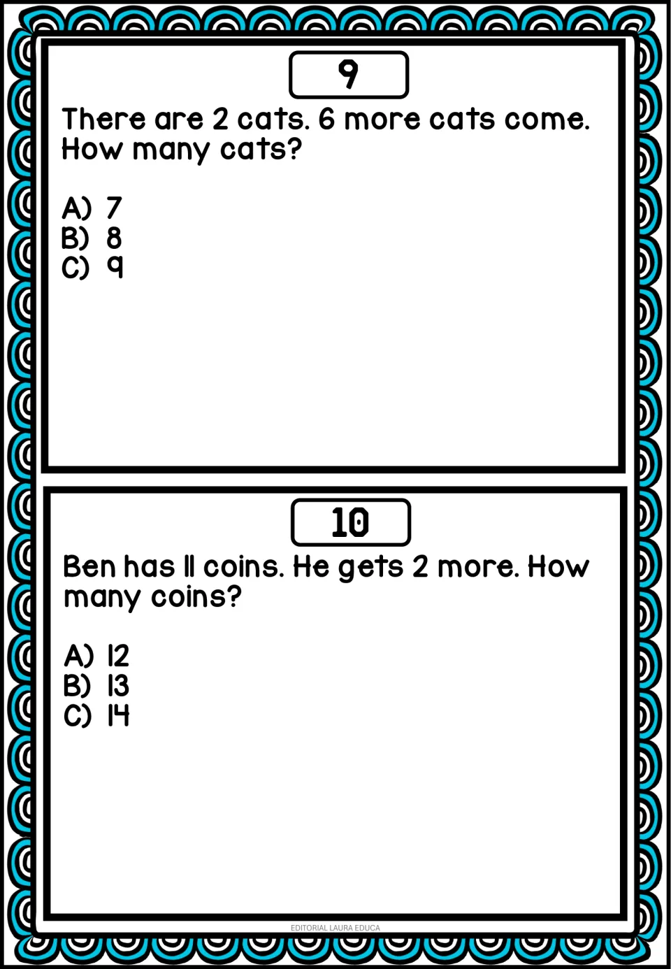 Mental math problems 9–10: 2 cats are joined by 6 more, and Ben gets 2 more coins after having 11