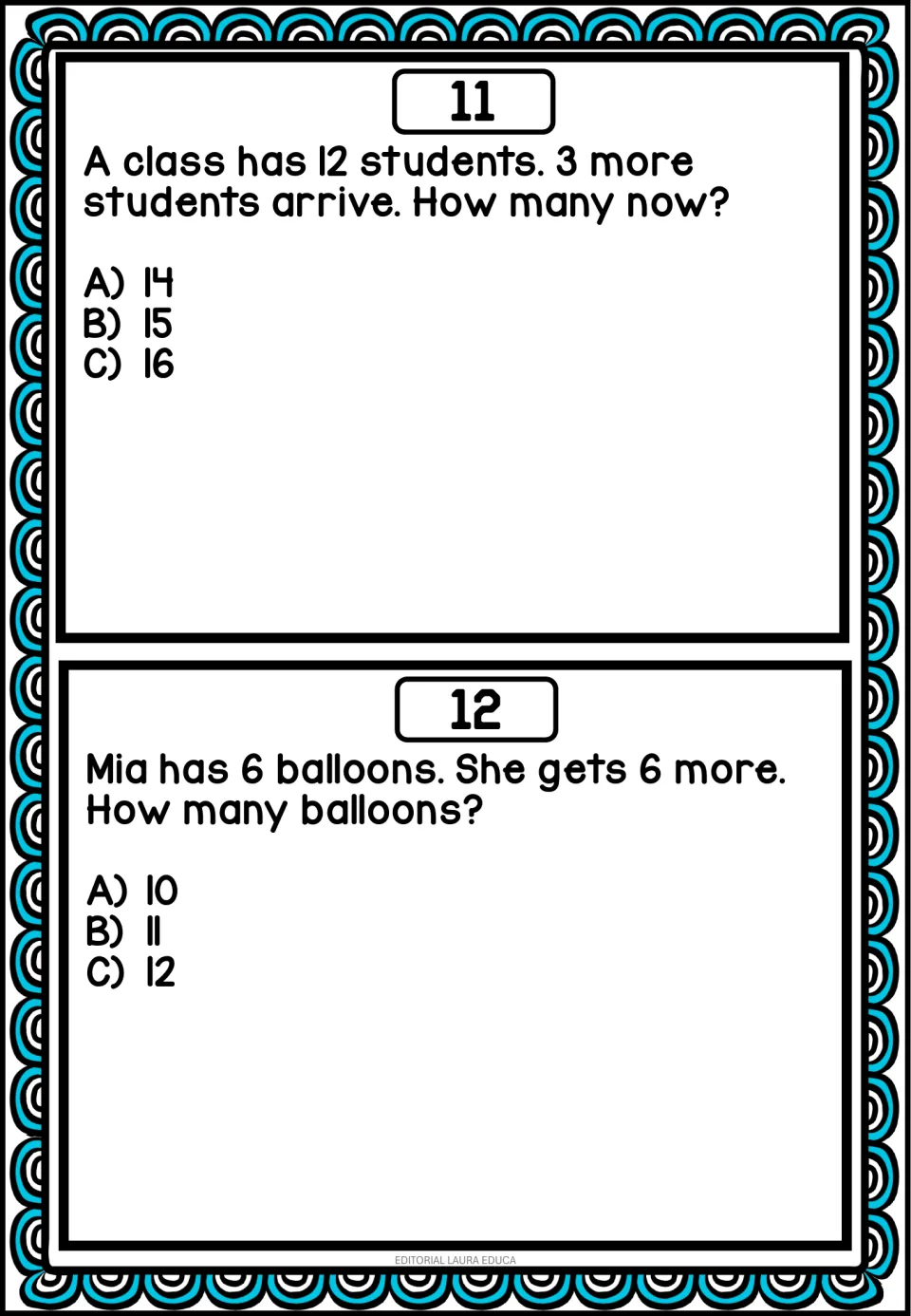 Mental math problems 11–12: 3 students join a class of 12, and Mia gets 6 more balloons after having 6