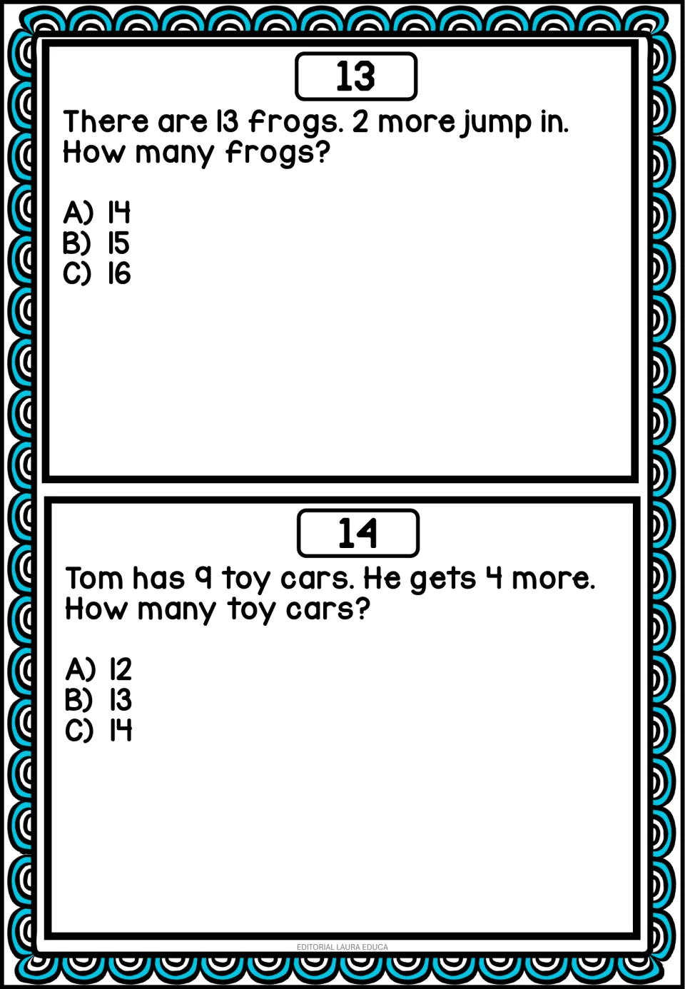 Mental math problems 13–14: 2 more frogs join 13 frogs, and Tom gets 4 more toy cars after having 9