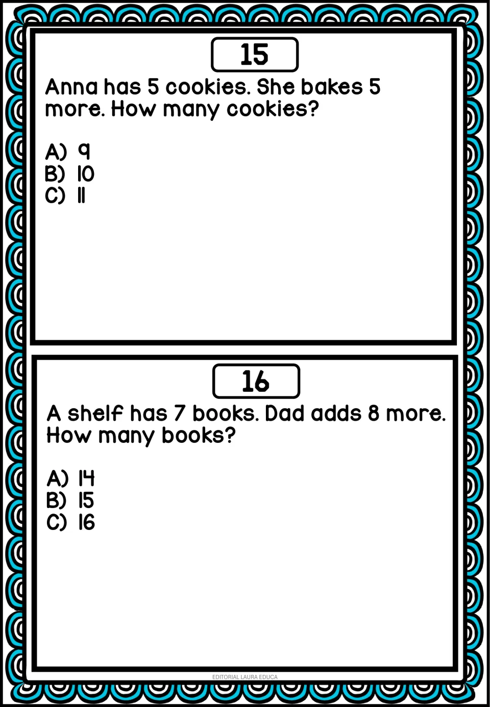 Mental math problems 15–16: Anna bakes 5 more cookies after having 5, and Dad adds 8 books to a shelf of 7