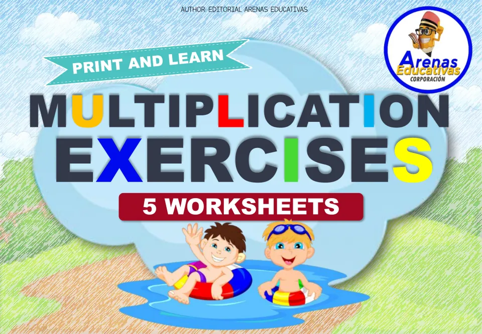 Multiplication Exercises cover: 5 worksheets, Print and Learn banner, two cartoon kids floating in a pool on swim rings