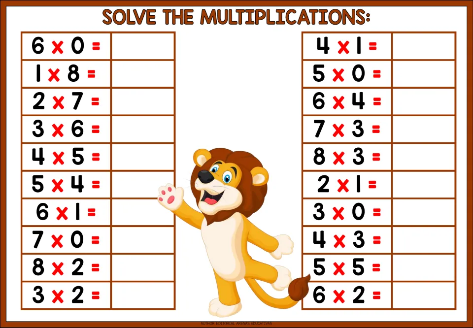 Multiplying by 0, 1 and up to 8: students solve 20 facts such as 6 x 0, 1 x 8 and 5 x 5, next to a waving lion