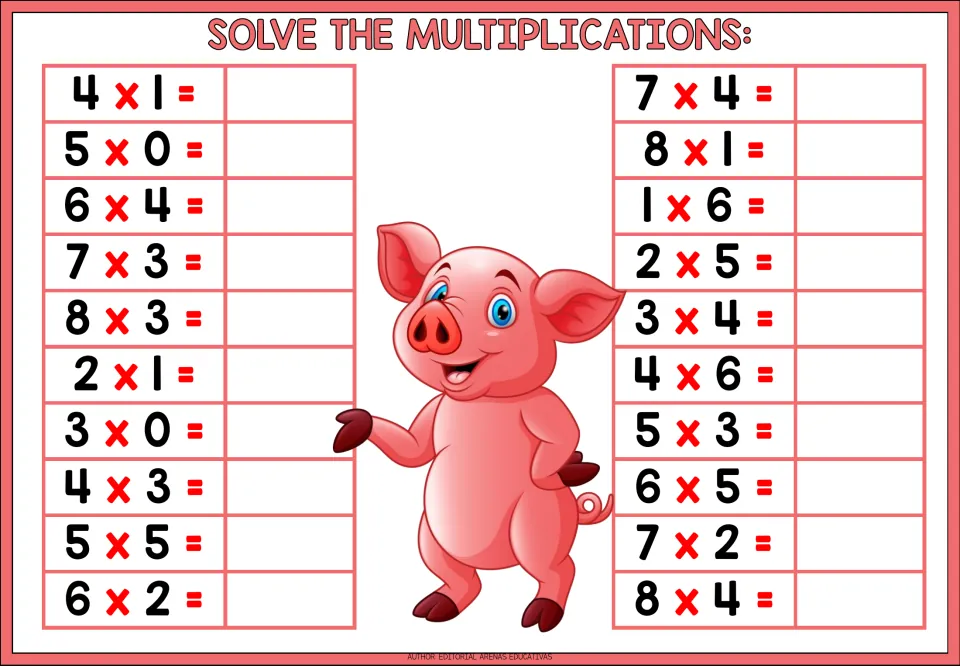 Single-digit multiplication: students answer 20 facts such as 6 x 4, 7 x 3, 8 x 3 and 8 x 4, beside a cartoon pig
