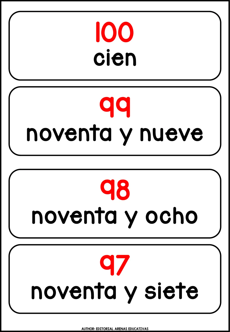 Spanish number cards 100 to 97: each card pairs a red numeral with its word, cien to noventa y siete, for reading practice