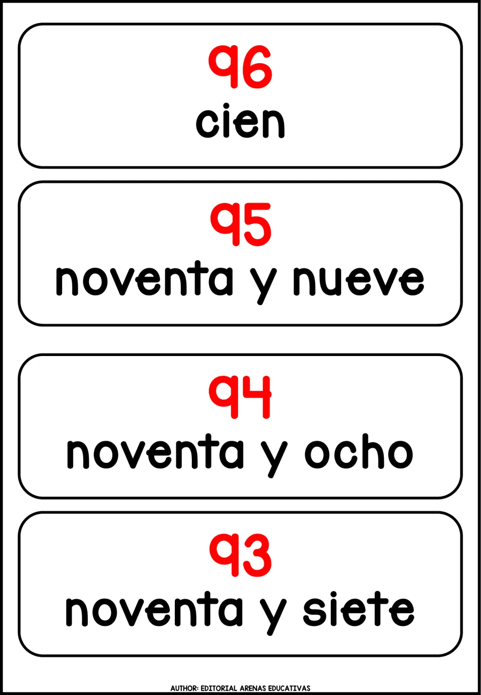 Number cards 96 to 93: red numerals carry mismatched words, cien through noventa y siete, copied from cards 100 to 97