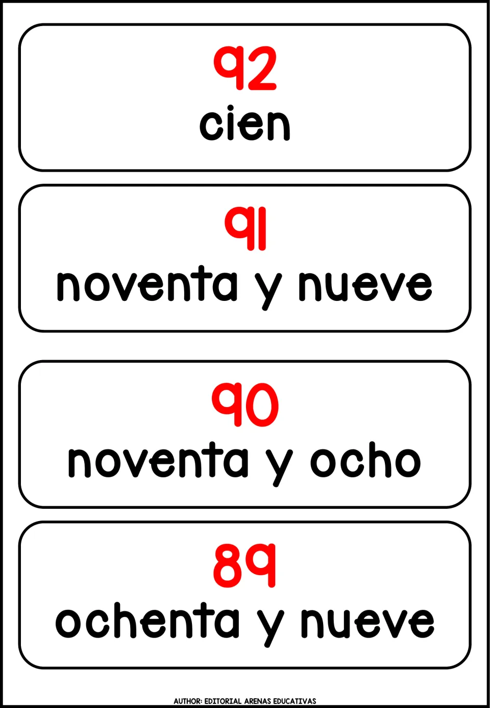 Number cards 92 to 89: 92, 91 and 90 show mismatched words (cien, noventa y nueve, noventa y ocho); 89 is ochenta y nueve