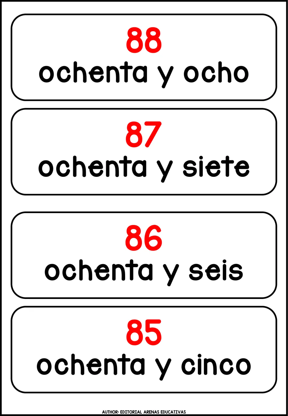 Spanish number cards 88 to 85: red numerals paired with ochenta y ocho, ochenta y siete, ochenta y seis and ochenta y cinco