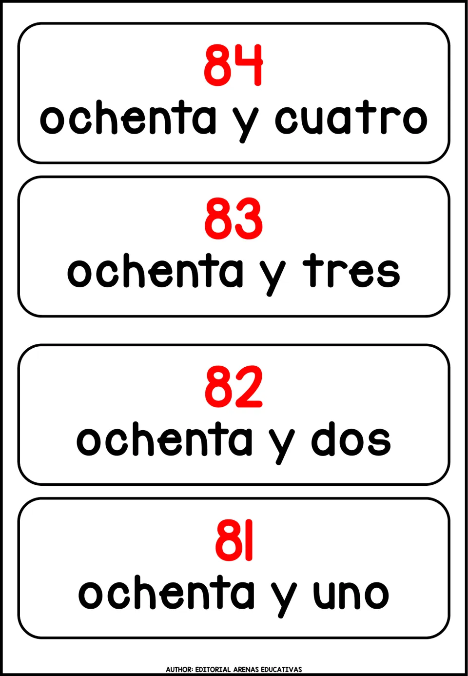 Cards for 84 to 81 pair each red numeral with its Spanish word, from ochenta y cuatro down to ochenta y uno
