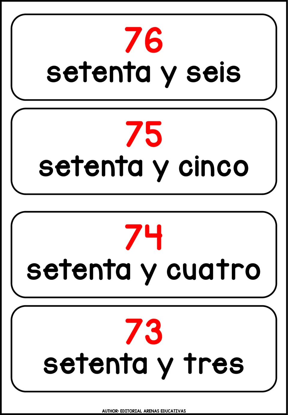 Cards 76 to 73 give setenta y seis, setenta y cinco, setenta y cuatro and setenta y tres beneath large red numerals