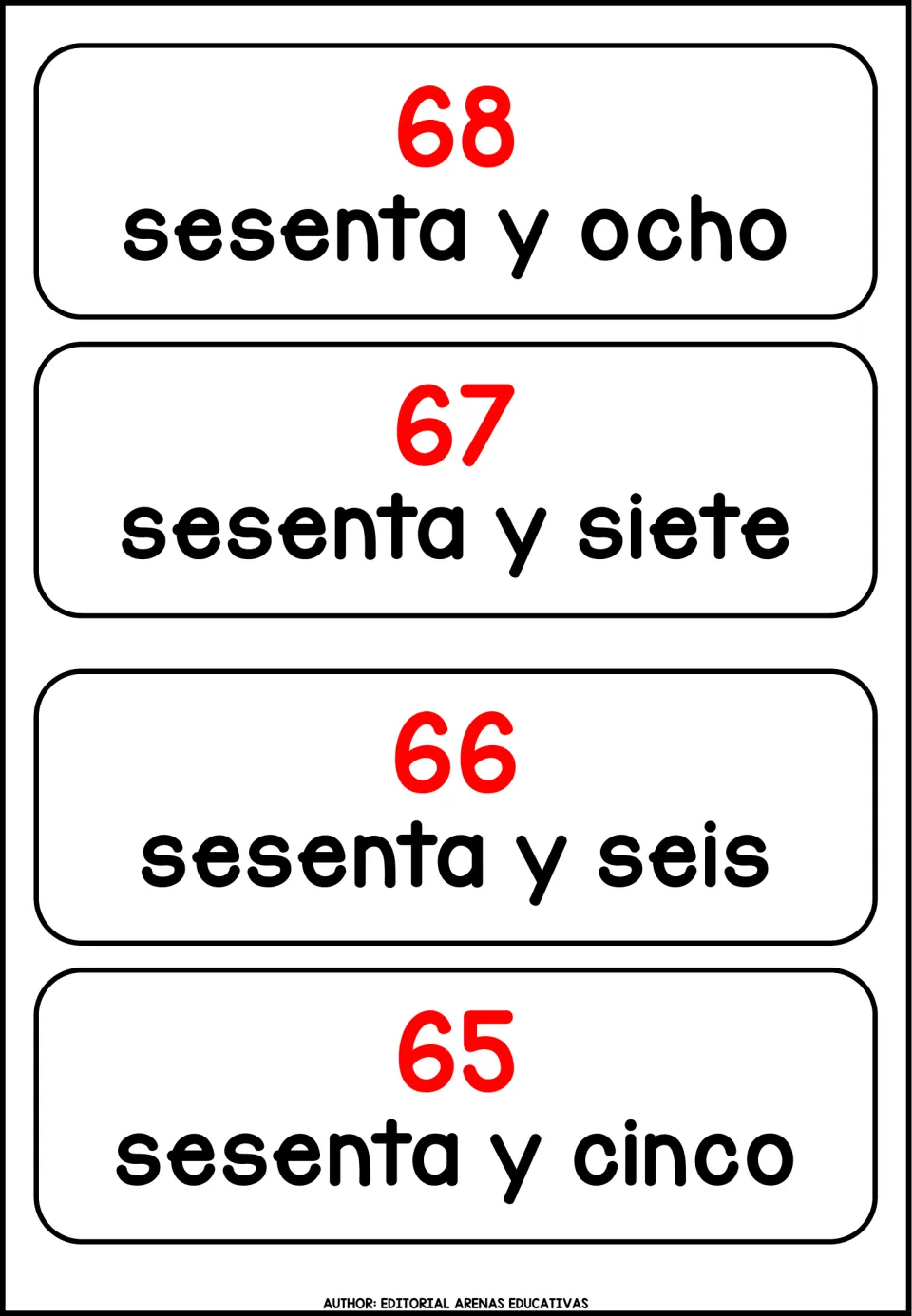 Cards 68 to 65 pair red numerals with sesenta y ocho, sesenta y siete, sesenta y seis and sesenta y cinco for number words