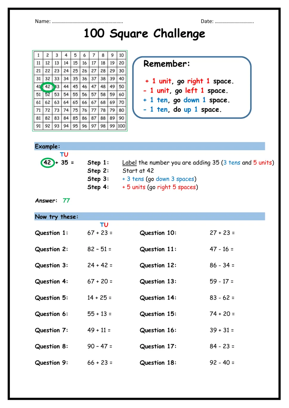 Two-digit adding and subtracting on a hundred chart: students move by tens and units, as in 42 + 35, to solve 18 problems
