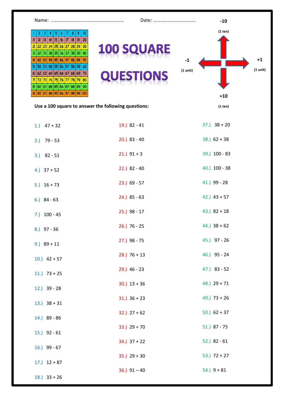 100 square questions: students solve 54 two-digit addition and subtraction problems by moving 1 unit or 1 ten