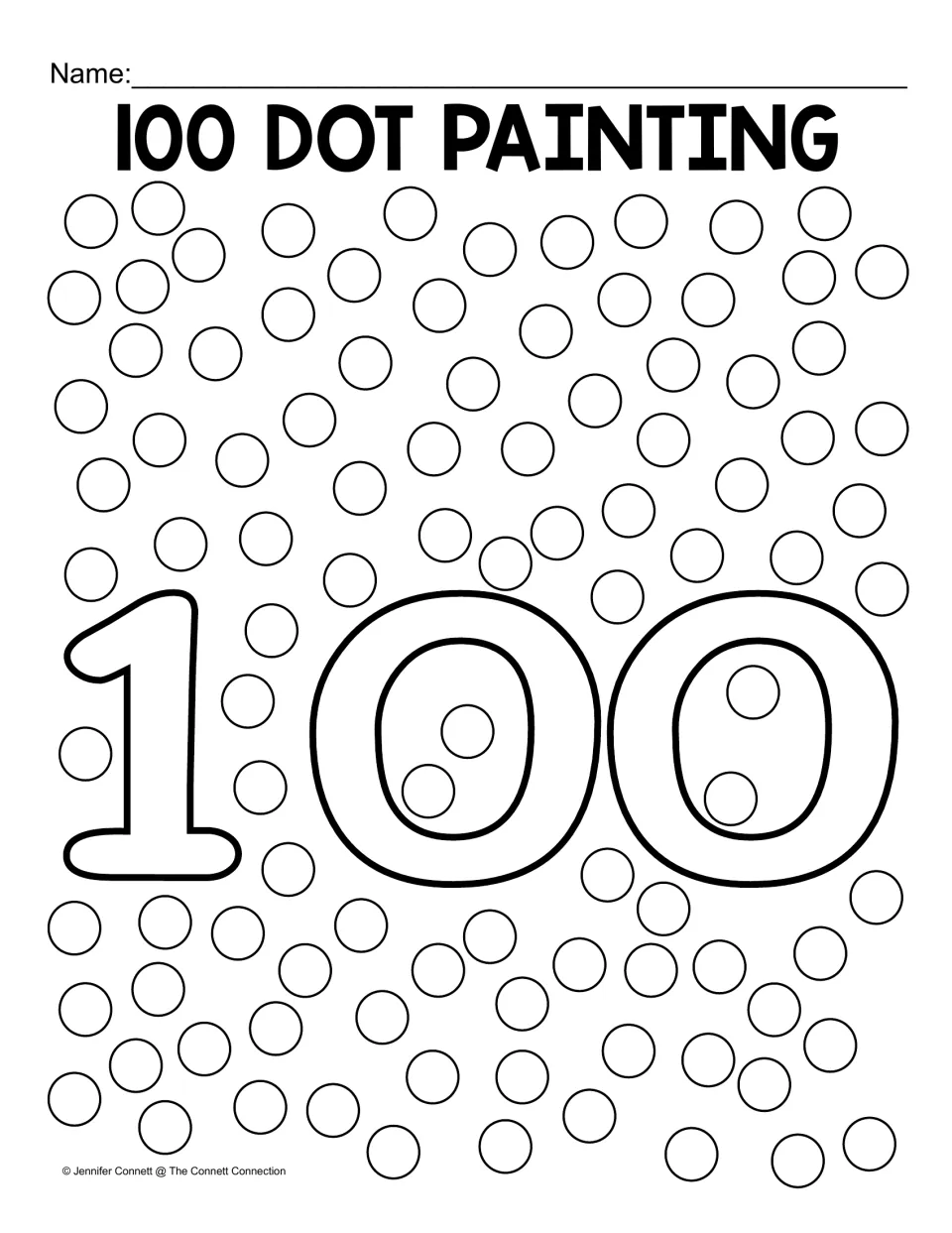 100 Dot Painting: students fill in 100 scattered circles with paint dots around a large outlined number 100