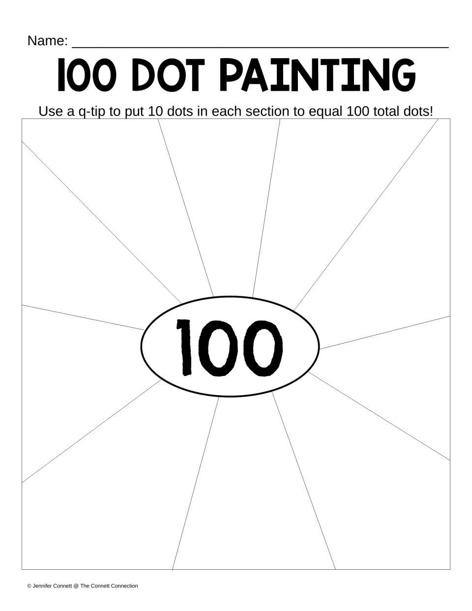 Counting by tens to 100: students use a q-tip to paint 10 dots in each of 10 sections around a central 100