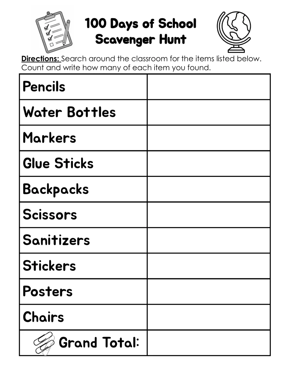 Classroom scavenger hunt: students count pencils, water bottles, markers, chairs and 6 other items, then find a grand total