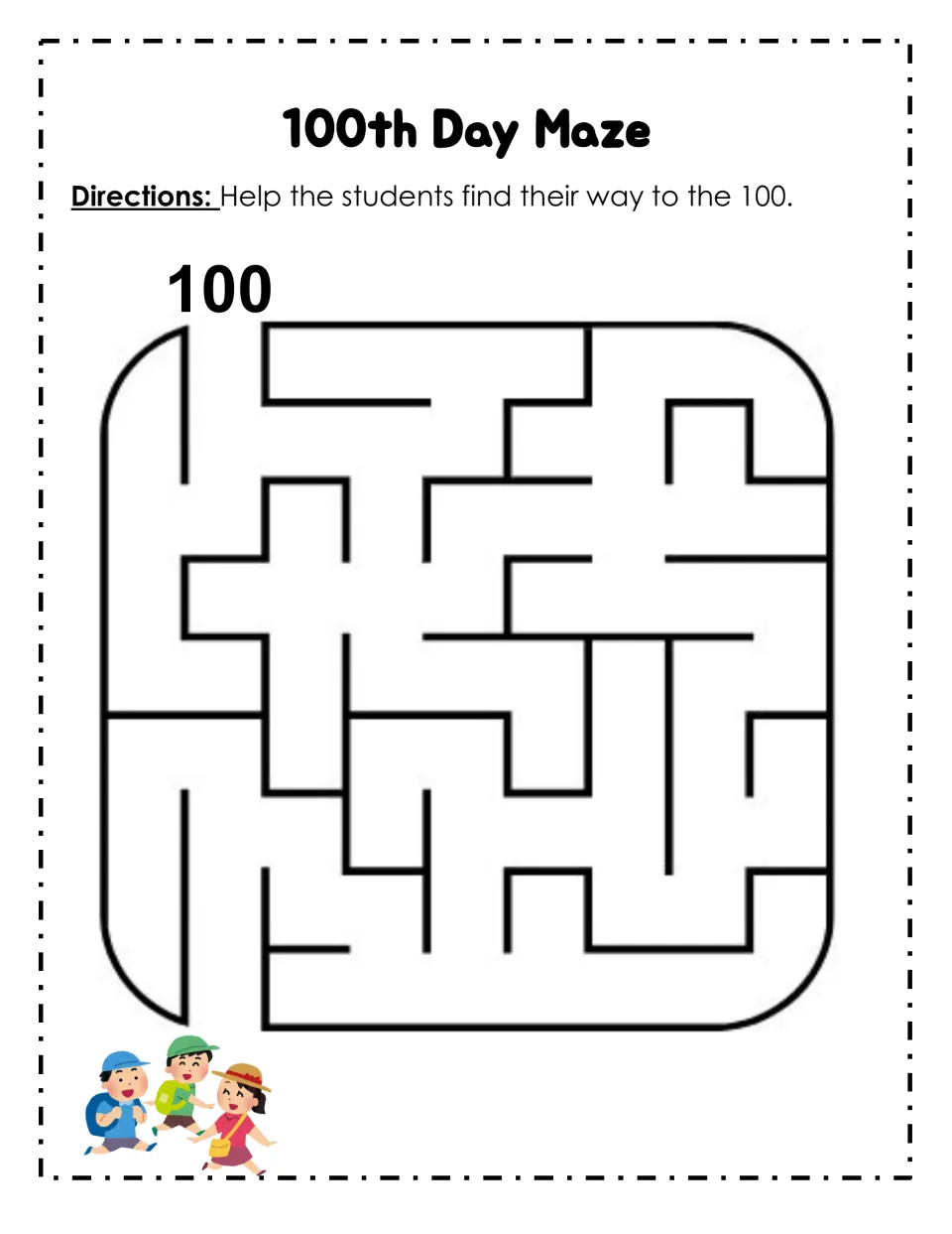 100th Day Maze: students trace a path through the maze to help three cartoon schoolchildren with backpacks reach the 100