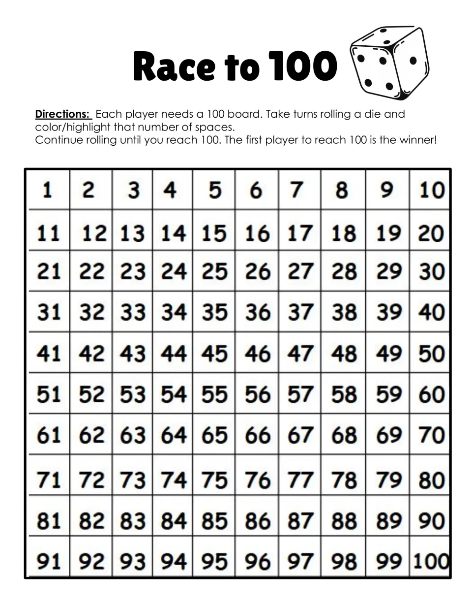 Race to 100 dice game: players take turns rolling a die and coloring that many spaces on a 1 to 100 hundreds chart
