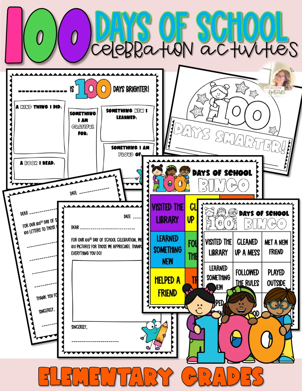 100 Days of School cover showing a reflection page, Days Smarter crown, thank-you letters and two bingo cards