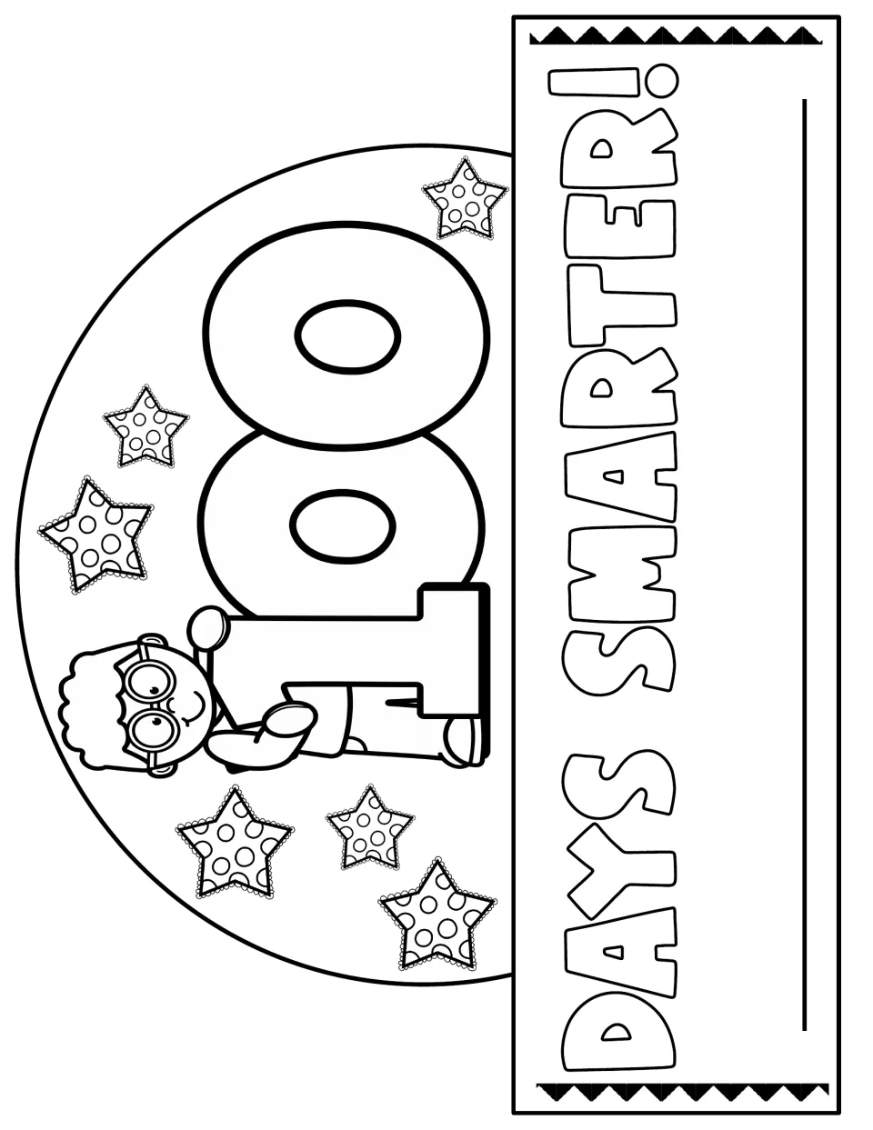 Days Smarter crown to color: a boy with glasses holds a big 100 among stars, with a name line on the headband strip