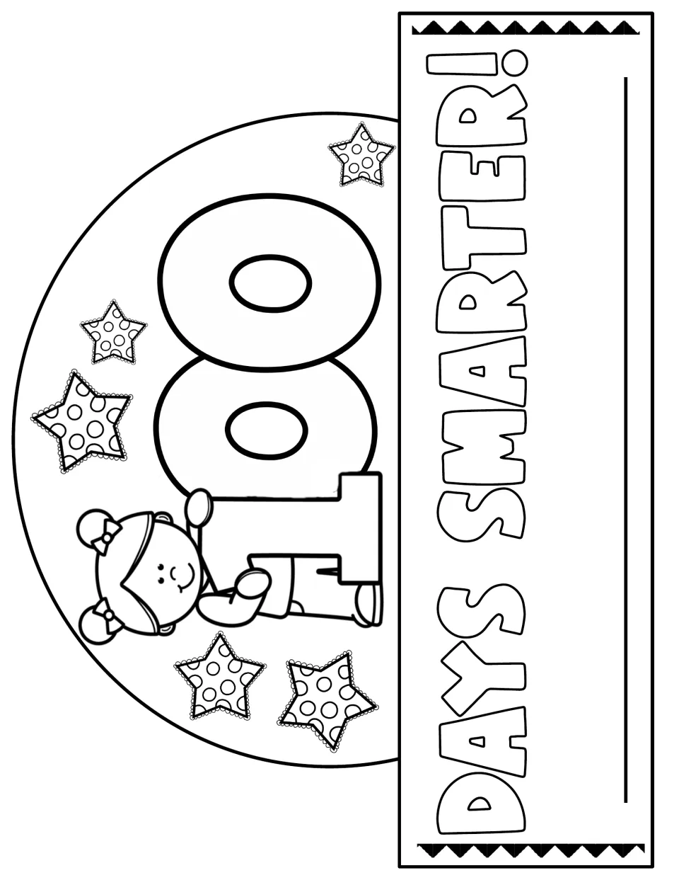 Days Smarter crown to color featuring a girl with hair bows beside a large 100 and stars, plus a line for a name