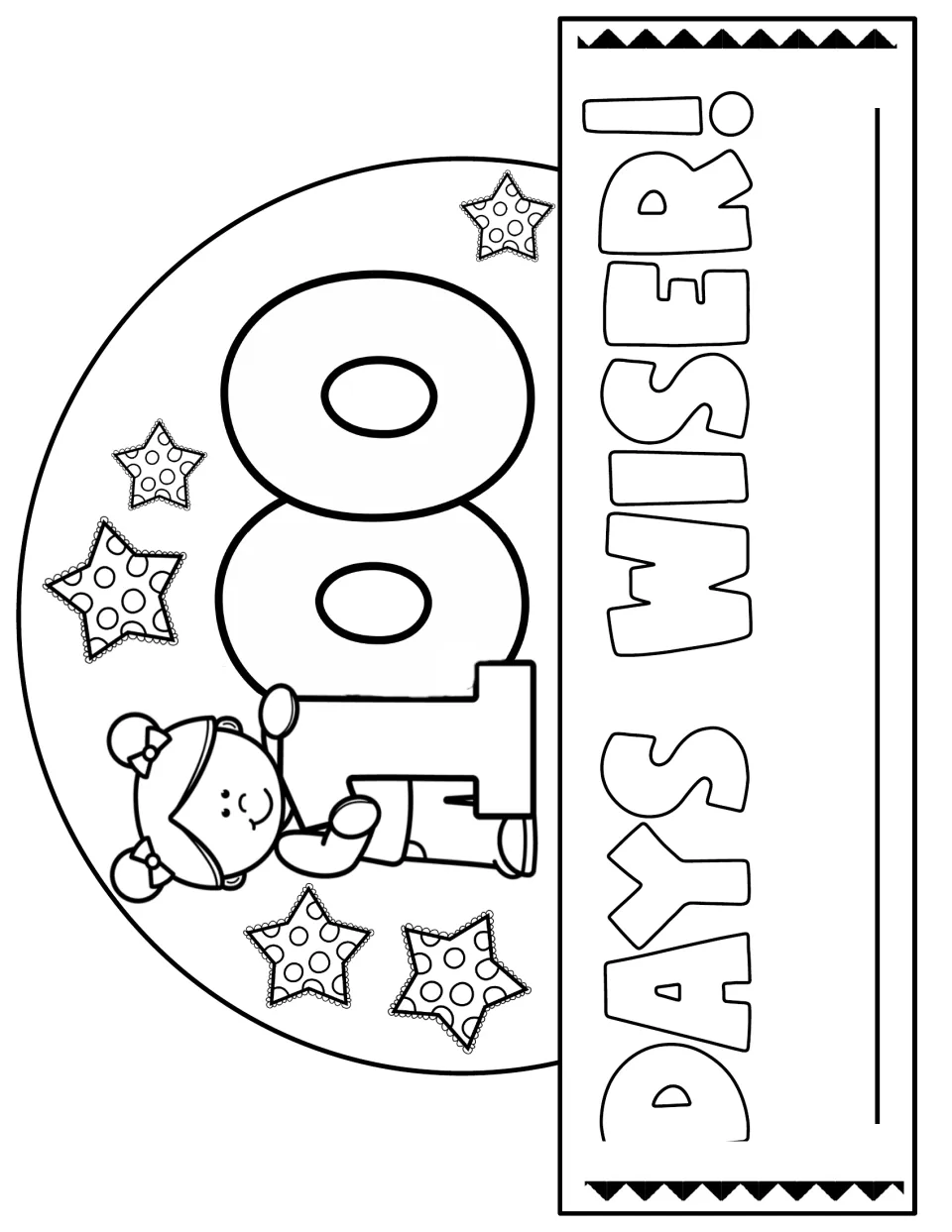 Days Wiser crown for coloring with a girl in hair bows leaning on a large 100 among dotted stars and a blank name line