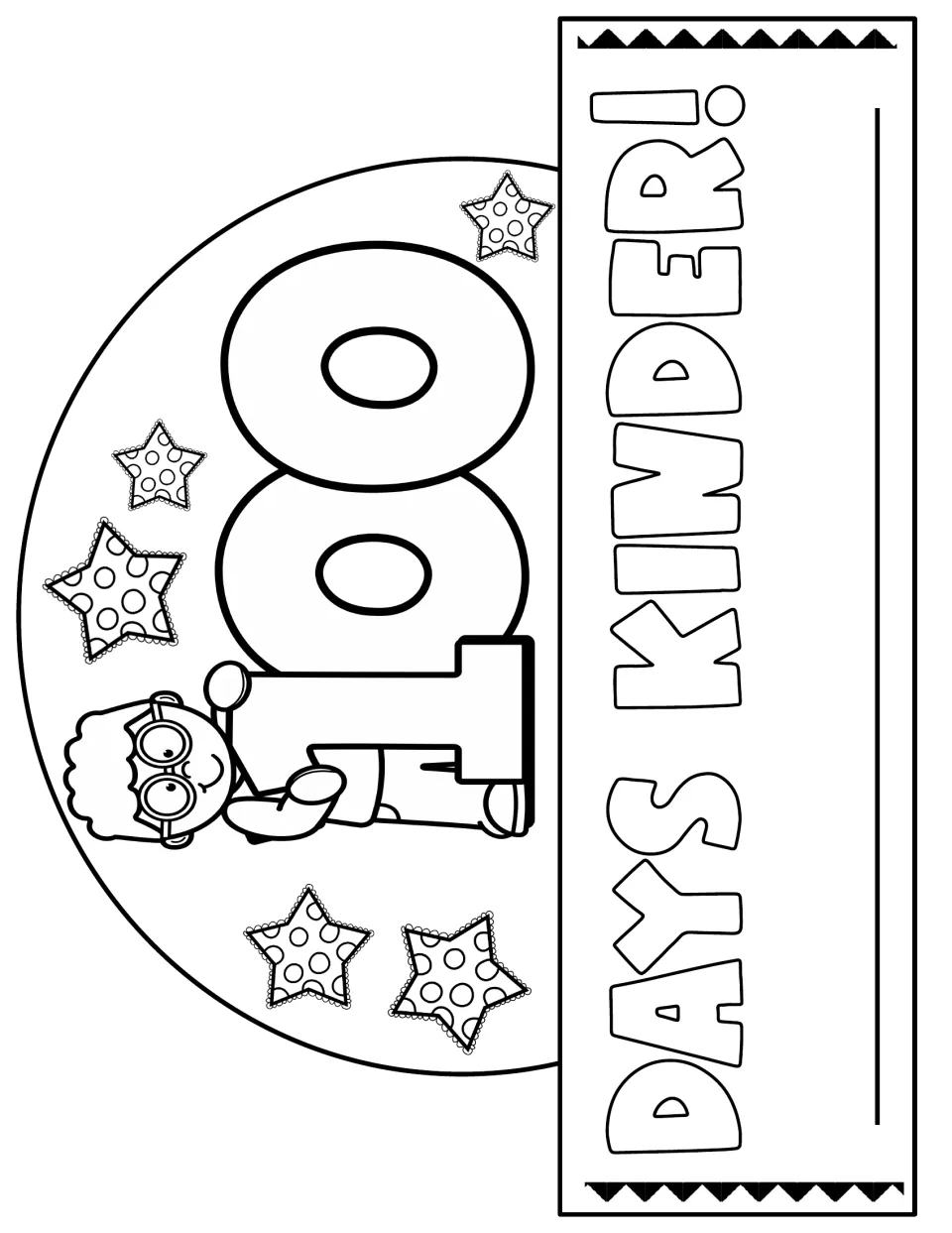 Days Kinder crown outline: a boy wearing glasses beside a big 100 with polka-dot stars and a name line on the strip