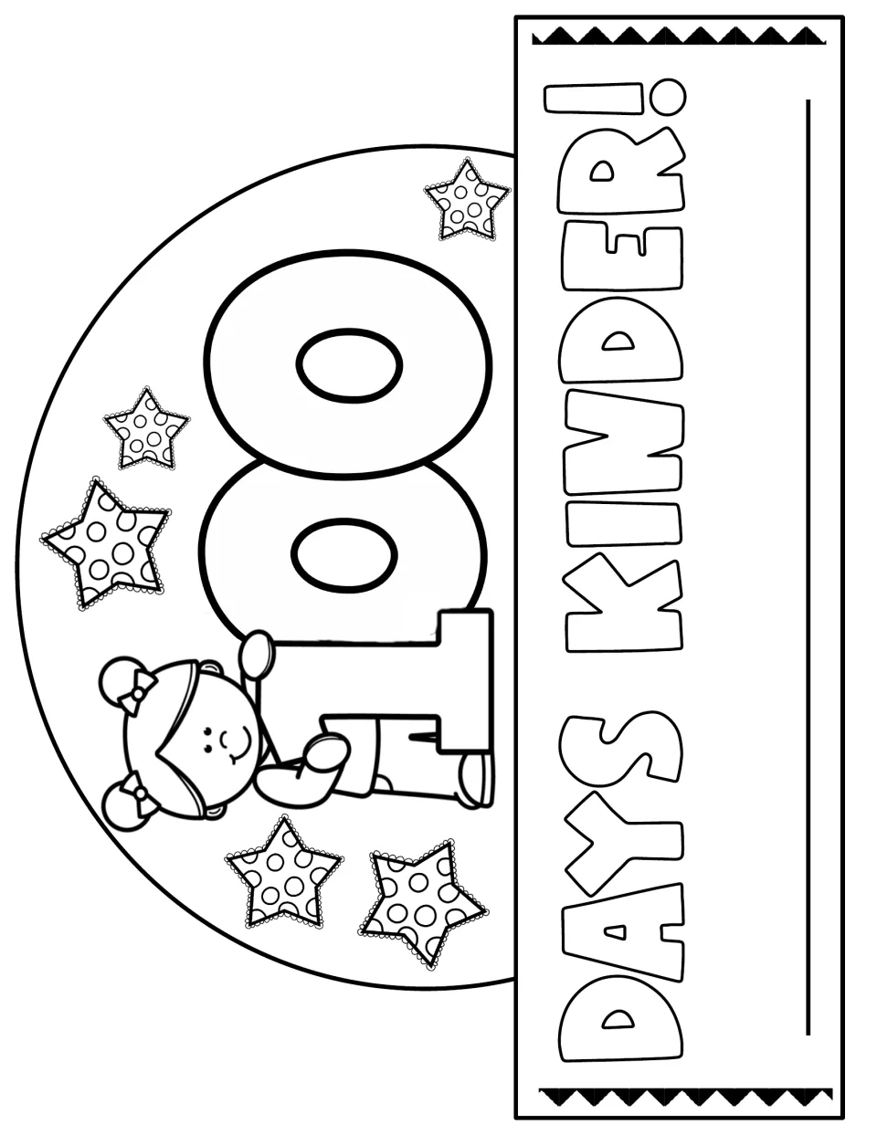 Days Kinder crown outline showing a girl with bows next to a large 100, polka-dot stars and a line for the name