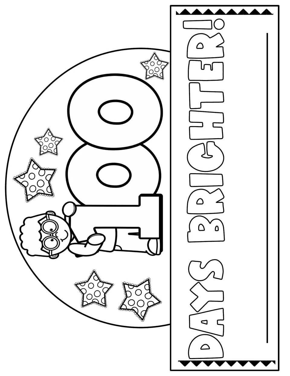 Days Brighter crown to color: a boy in glasses holds an outlined 100 with dotted stars, and the band has a name line