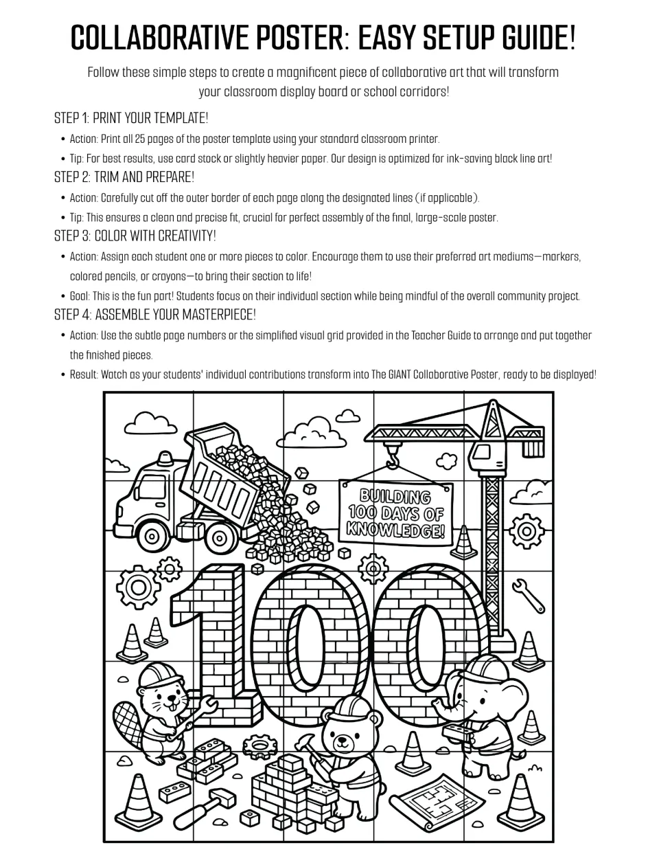 Collaborative poster setup guide: four steps to print 25 pages, trim, color and assemble the construction-scene 100 art