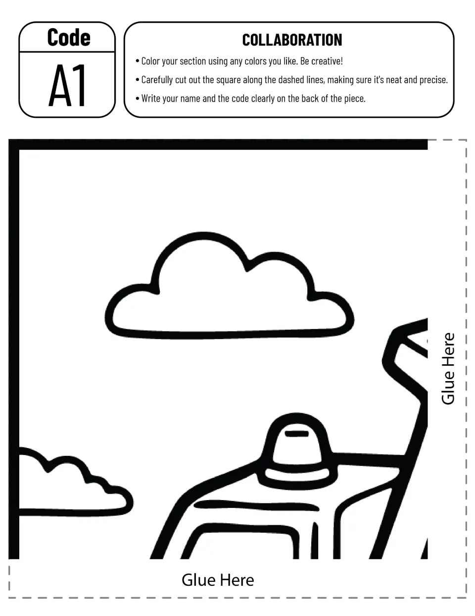 Poster cut-out piece A1: students color clouds and the top of a dump truck cab, cut it out and write their name and code