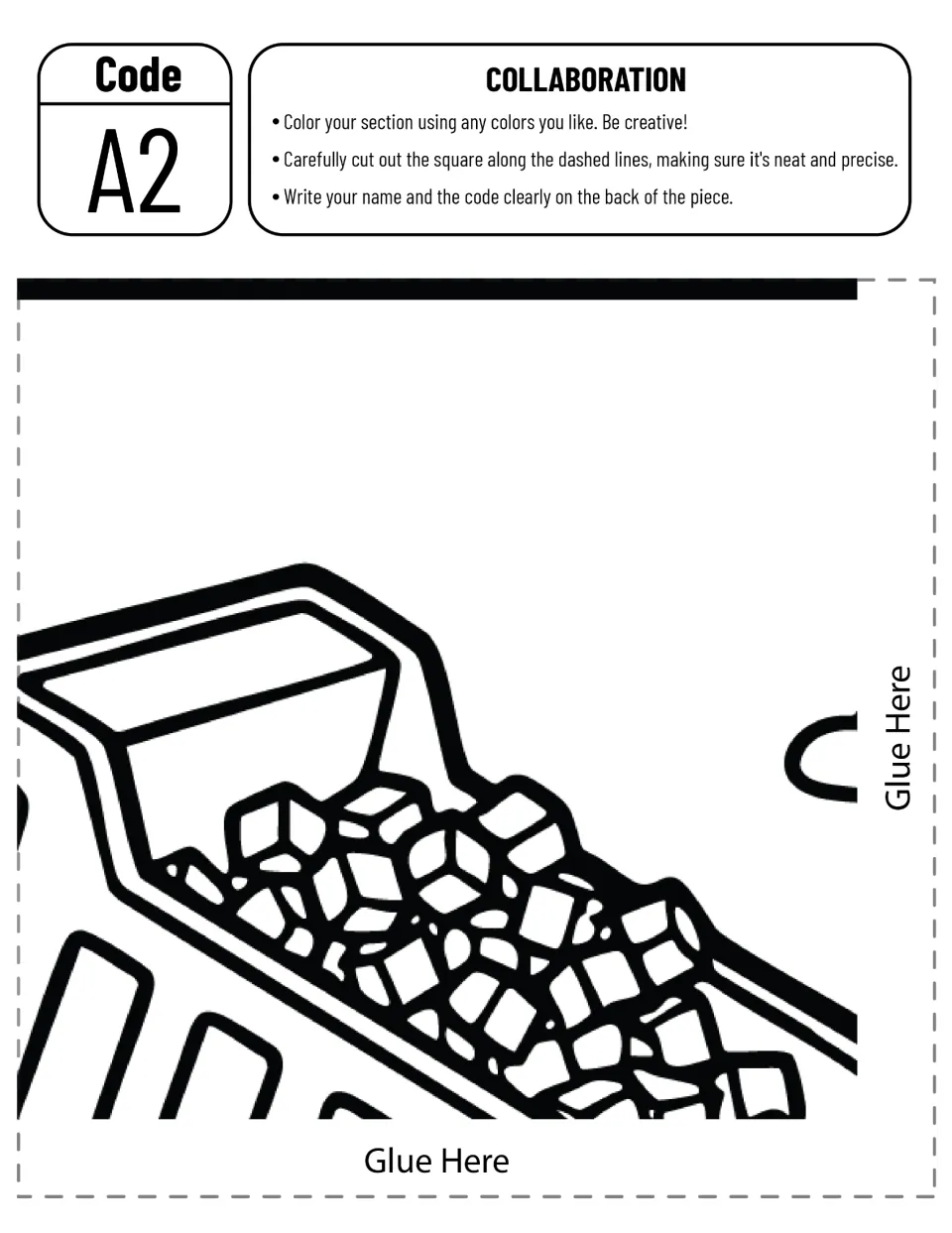 Poster cut-out piece A2: students color the raised dump truck bed full of blocks, then cut it out and label the back with A2